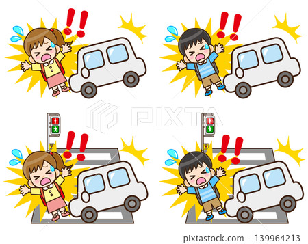 一組描繪兩名兒童在道路上遭遇交通事故的插圖。 一組描繪兩名兒童在道路上遭遇交通事故的插圖。 139964213