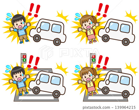 A set of illustrations of a child involved in a traffic accident on the road (4 illustrations) A set of illustrations of a child involved in a traffic accident on the road (4 illustrations) 139964215