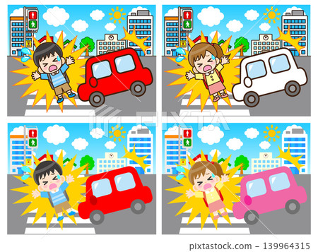 一組插圖，描繪了一對男女在路上發生交通事故的場景。 139964315