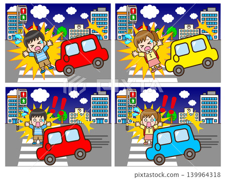 A set of illustrations depicting a man and woman involved in a traffic accident on the road (set of 4) 139964318