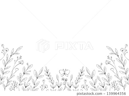 Pen-and-ink style botanical frame background; hand-drawn line art illustration botanical decorative frame. 139964356