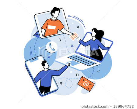 People sharing files through digital devices vector illustration. Remote work, digital collaboration, online business, virtual office, telecommuting, networking. Users interacting via gadgets 139964788