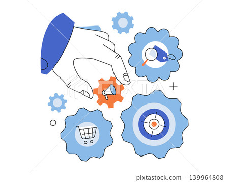 Hand picking a gear with a megaphone icon vector illustration. Digital marketing, business strategy, automation, sales, growth, target. Person choosing a cogwheel with an amplifier symbol Hand picking a gear with a megaphone icon vector illustration. Digital marketing, business strategy, automation, sales, growth, target. Person choosing a cogwheel with an amplifier symbol 139964808