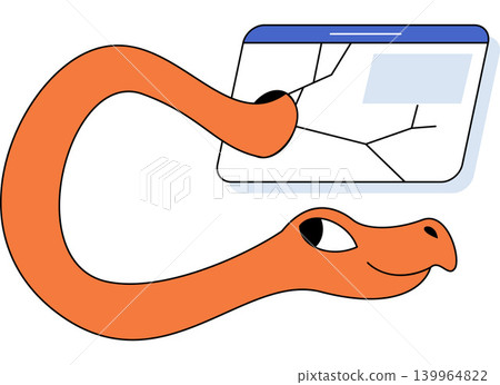 Orange snake crawls out of a hole in a cracked browser window vector illustration. Cyber security, malware, software bug, data breach, internet safety, system error. Reptile exiting damaged web Orange snake crawls out of a hole in a cracked browser window vector illustration. Cyber security, malware, software bug, data breach, internet safety, system error. Reptile exiting damaged web 139964822