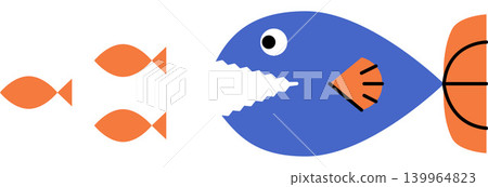 Big blue fish chasing small orange fish vector illustration. Business competition, market dominance, survival, corporate takeover, risk, growth strategy. Large predator hunting tiny prey Big blue fish chasing small orange fish vector illustration. Business competition, market dominance, survival, corporate takeover, risk, growth strategy. Large predator hunting tiny prey 139964823