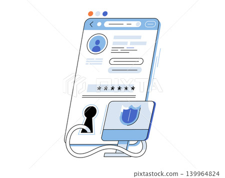 Smartphone login screen and computer shield vector illustration. Cyber security, data protection, digital privacy, online safety, authentication, network defense. Mobile phone interface with desktop Smartphone login screen and computer shield vector illustration. Cyber security, data protection, digital privacy, online safety, authentication, network defense. Mobile phone interface with desktop 139964824
