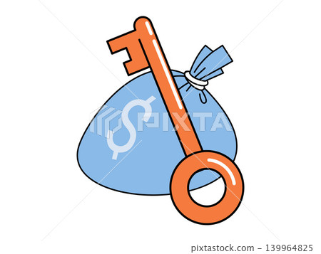 Orange key and blue money bag with dollar sign vector illustration. Financial success, wealth management, investment security, banking, profit, savings. Orange tool before a cash sack Orange key and blue money bag with dollar sign vector illustration. Financial success, wealth management, investment security, banking, profit, savings. Orange tool before a cash sack 139964825