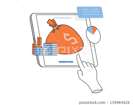 Hand touching tablet with money bag and coins vector illustration. Online banking, wealth management, investment, finance, budget, accounting. Finger on screen with cash and charts Hand touching tablet with money bag and coins vector illustration. Online banking, wealth management, investment, finance, budget, accounting. Finger on screen with cash and charts 139964826