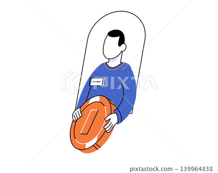 Man holding a large orange coin vector illustration. Personal finance, banking, investment growth, salary payment, digital economy, wealth management. Male character carrying currency token 139964838