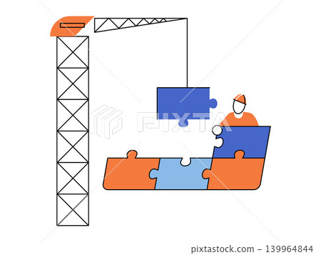 Crane lifting a puzzle piece to build a structure vector illustration. Project management, business growth, teamwork, problem solving, strategy, industrial development. Machinery hoisting a jigsaw Crane lifting a puzzle piece to build a structure vector illustration. Project management, business growth, teamwork, problem solving, strategy, industrial development. Machinery hoisting a jigsaw 139964844