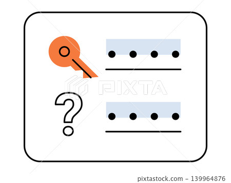 Key and question mark icons next to password fields vector illustration. Cybersecurity, account recovery, login, data protection, forgot password, web security. Access tool and inquiry symbol Key and question mark icons next to password fields vector illustration. Cybersecurity, account recovery, login, data protection, forgot password, web security. Access tool and inquiry symbol 139964876