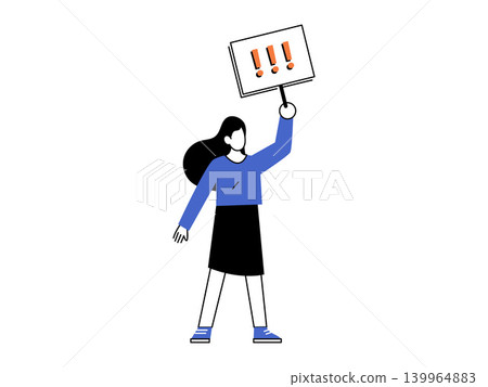 Woman holding a placard with exclamation marks vector illustration. Social activism, public protest, urgent warning, important announcement, attention grabbing, strike action. Female lifting a sign Woman holding a placard with exclamation marks vector illustration. Social activism, public protest, urgent warning, important announcement, attention grabbing, strike action. Female lifting a sign 139964883