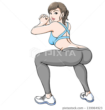 A young woman's back as she does squats - turns around A young woman's back as she does squats - turns around 139964923