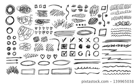 Hand drawn scribble marks set squiggly lines arrows sketchy hearts punk sketch strokes doodle frames Hand drawn scribble marks set squiggly lines arrows sketchy hearts punk sketch strokes doodle frames 139965038