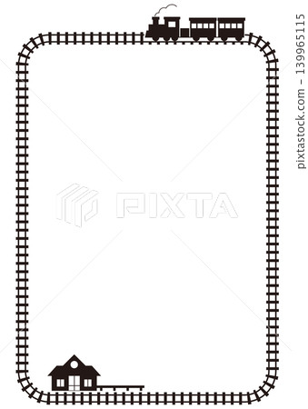 A simple vertical silhouette frame featuring railway tracks, a station, and a steam locomotive. A simple vertical silhouette frame featuring railway tracks, a station, and a steam locomotive. 139965115