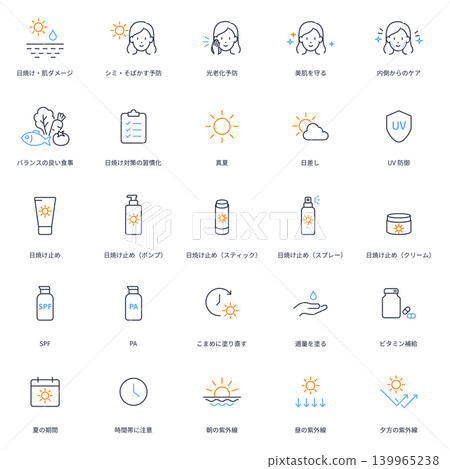 A simple line icon set for sun protection and UV care. A simple line icon set for sun protection and UV care. 139965238