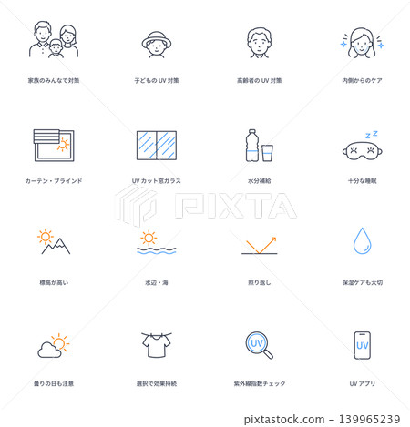A set of simple and minimalist line art icons related to sun protection and UV care. A set of simple and minimalist line art icons related to sun protection and UV care. 139965239