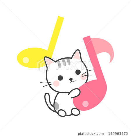 Cute illustrations of musical notes and a white cat Cute illustrations of musical notes and a white cat 139965373