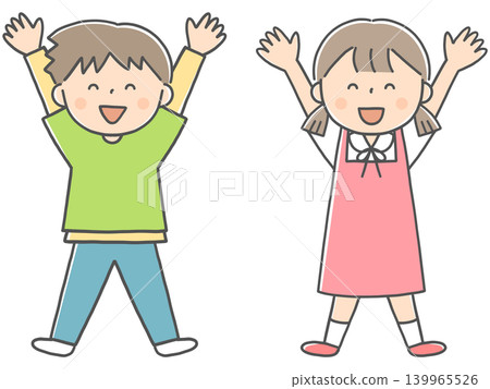 A child raising their arms in a cheer with a smile. A child raising their arms in a cheer with a smile. 139965526