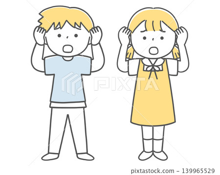 A boy and a girl holding their heads in distress (monochrome) 139965529