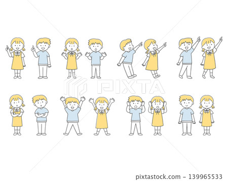 一組描繪活力四射的兒童各種姿勢的插圖（單色）。 139965533