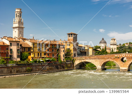 Ponte Pietra bridge over Adige River in Verona with cathedral bell tower Ponte Pietra bridge over Adige River in Verona with cathedral bell tower 139965564