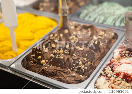 Ice cream in showcase fridge at cafe 139965691