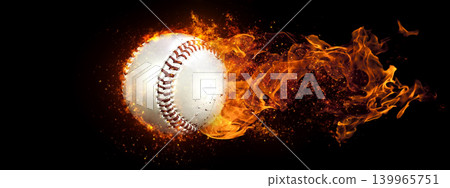 Explosive energy background of a baseball engulfed in flames | Sports image 3D rendering background 139965751