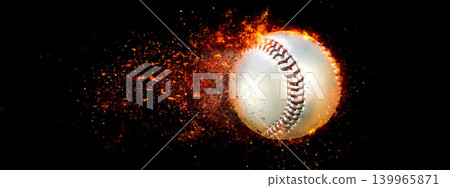 3D illustration of a burning baseball flying at high speed 139965871