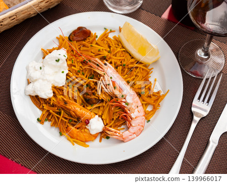 Buckwheat noodles with seafood and vegetables, close up Buckwheat noodles with seafood and vegetables, close up 139966017