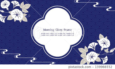 A cool, navy blue Japanese-style frame featuring morning glories and a wave pattern (horizontal 16:9 aspect ratio). A cool, navy blue Japanese-style frame featuring morning glories and a wave pattern (horizontal 16:9 aspect ratio). 139966552