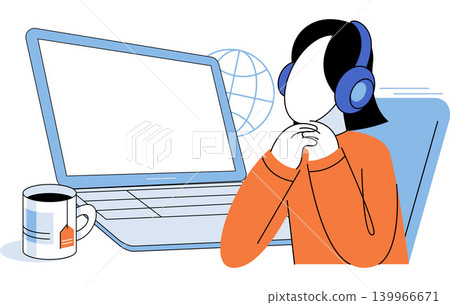 Woman with headphones at a laptop vector illustration. Remote work, online education, customer support, webinar, freelance, digital communication. Female freelancer wearing headset at computer 139966671