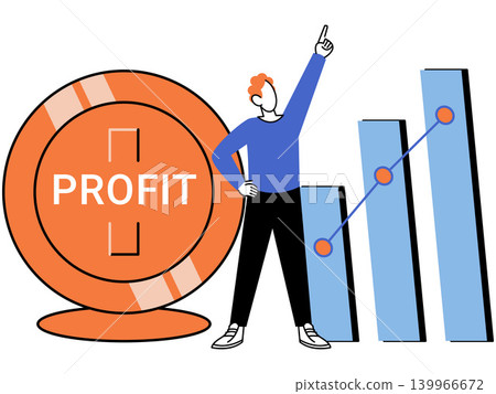 Man pointing up next to a profit coin and rising chart vector illustration. Financial growth, business success, investment, market analysis, revenue, wealth. Person gesturing at money and graph Man pointing up next to a profit coin and rising chart vector illustration. Financial growth, business success, investment, market analysis, revenue, wealth. Person gesturing at money and graph 139966672
