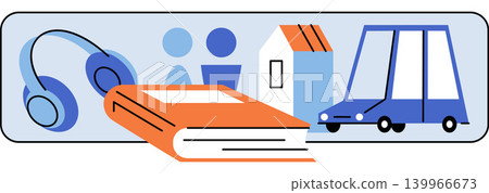 Book headphones house car and people icons vector illustration. Education, lifestyle planning, insurance, audiobook listening, family life, travel. Textbook earphones home vehicle and figures Book headphones house car and people icons vector illustration. Education, lifestyle planning, insurance, audiobook listening, family life, travel. Textbook earphones home vehicle and figures 139966673