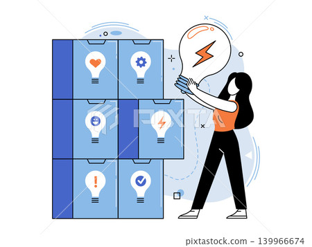 Woman putting a lightbulb into a filing cabinet vector illustration. Idea management, creative thinking, innovation, knowledge storage, brainstorming, problem solving. Female storing a lamp Woman putting a lightbulb into a filing cabinet vector illustration. Idea management, creative thinking, innovation, knowledge storage, brainstorming, problem solving. Female storing a lamp 139966674