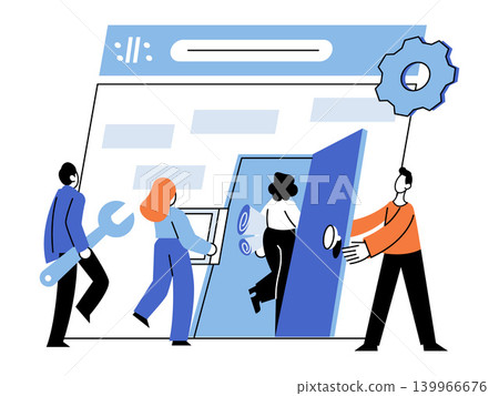 People building a website interface vector illustration. Web development, tech support, site maintenance, digital transformation, software engineering, online business. Group constructing a webpage People building a website interface vector illustration. Web development, tech support, site maintenance, digital transformation, software engineering, online business. Group constructing a webpage 139966676