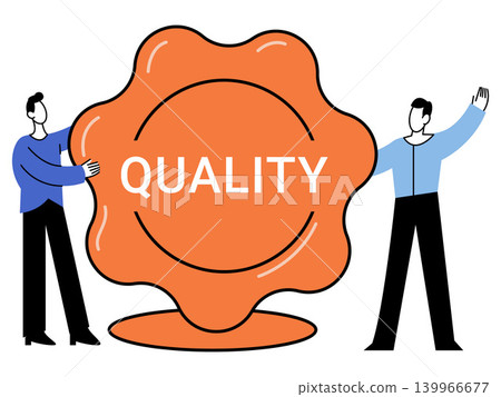 Two men presenting a large orange quality seal vector illustration. Quality assurance, business standards, certification, satisfaction, excellence, guarantee. Male characters holding a premium badge Two men presenting a large orange quality seal vector illustration. Quality assurance, business standards, certification, satisfaction, excellence, guarantee. Male characters holding a premium badge 139966677