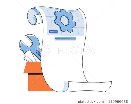 Technical blueprint with gear and wrench in box vector illustration. Engineering project, maintenance, industrial design, support, planning, setup. Schematic scroll with spanner in container 139966688
