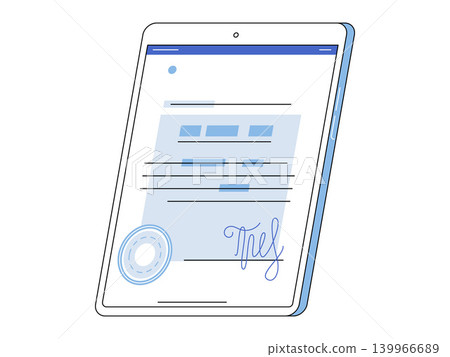 Electronic document with signature on tablet vector illustration. Digital transformation, paperless office, legal tech, remote business, online agreement, secure transaction. Digital contract on Electronic document with signature on tablet vector illustration. Digital transformation, paperless office, legal tech, remote business, online agreement, secure transaction. Digital contract on 139966689