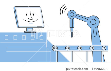 AI computer managing a robotic arm on a conveyor belt vector illustration. Smart factory, industrial automation, future tech, digital manufacturing, production, robotics. Screen guiding mechanical 139966690