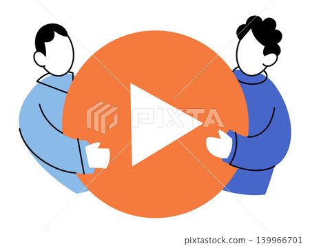 Two men holding a giant orange play button vector illustration. Video marketing, content creation, streaming, media, social, entertainment. Pair of characters carrying a media start symbol 139966701