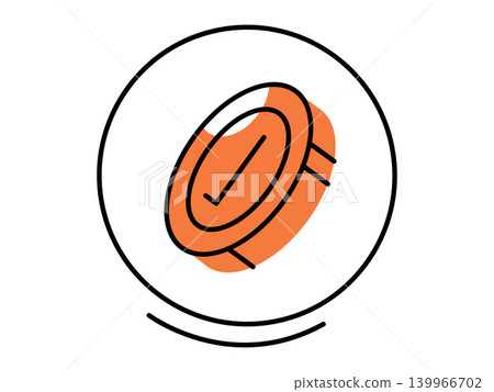 Orange coin with a checkmark inside a circle vector illustration. Payment verification, financial success, digital transaction, loyalty reward, approved banking, secure commerce. Currency token 139966702