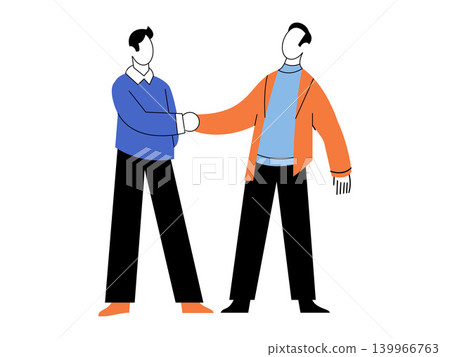 Two men shaking hands vector illustration. Business partnership, successful deal, corporate meeting, professional greeting, teamwork, agreement. Male colleagues clasping hands together 139966763