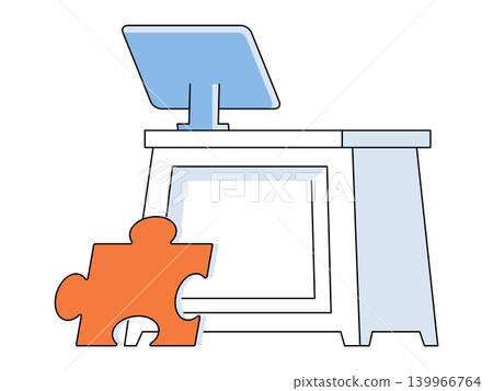 Desk with monitor and orange puzzle piece vector illustration. Problem solving, business strategy, workflow, task management, software, productivity. Office table with screen and jigsaw Desk with monitor and orange puzzle piece vector illustration. Problem solving, business strategy, workflow, task management, software, productivity. Office table with screen and jigsaw 139966764