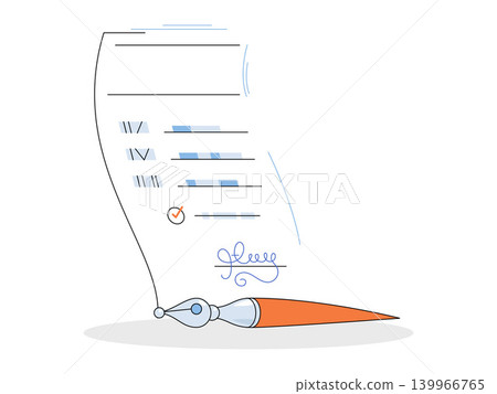 Signed business contract document with a fountain pen vector illustration. Legal agreement, corporate deal, insurance policy, financial contract, partnership, documentation. Paper sheet with ink Signed business contract document with a fountain pen vector illustration. Legal agreement, corporate deal, insurance policy, financial contract, partnership, documentation. Paper sheet with ink 139966765