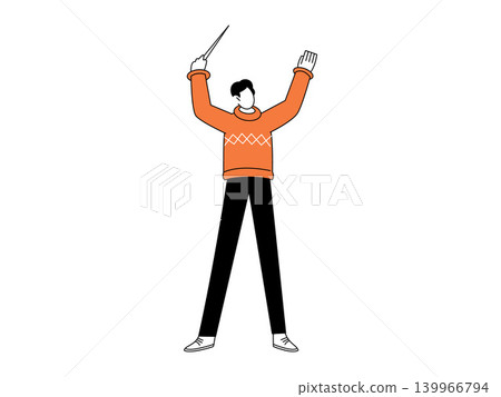 Man holding a conductor baton with arms raised vector illustration. Classical music, leadership, orchestra, direction, management, art. Music director gesturing with a stick Man holding a conductor baton with arms raised vector illustration. Classical music, leadership, orchestra, direction, management, art. Music director gesturing with a stick 139966794