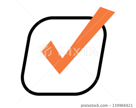 Orange checkmark in a black rounded square vector illustration. Task completion, quality assurance, voting, business approval, checklist success, verified status. Amber tick in a dark border 139966821