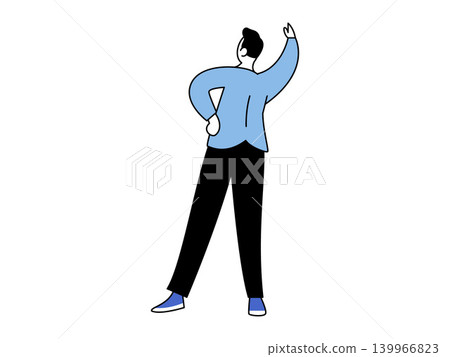 Man standing from behind looking up and waving hand vector illustration. Vision, future goals, greeting, success, opportunity, leadership. Male character gesturing upwards and looking ahead 139966823