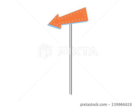 Orange marquee arrow sign pointing left vector illustration. Advertising, navigation, vintage decor, roadside attraction, cinema entrance, event direction. Old light bulb pointer on a post Orange marquee arrow sign pointing left vector illustration. Advertising, navigation, vintage decor, roadside attraction, cinema entrance, event direction. Old light bulb pointer on a post 139966828