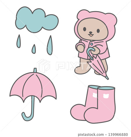 一組可愛的手繪風格插圖,描繪了雨季裡穿著雨衣的小熊。 一組可愛的手繪風格插圖,描繪了雨季裡穿著雨衣的小熊。 139966880